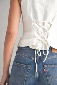 Mable - Linen Button Front Back Lace Up Vest