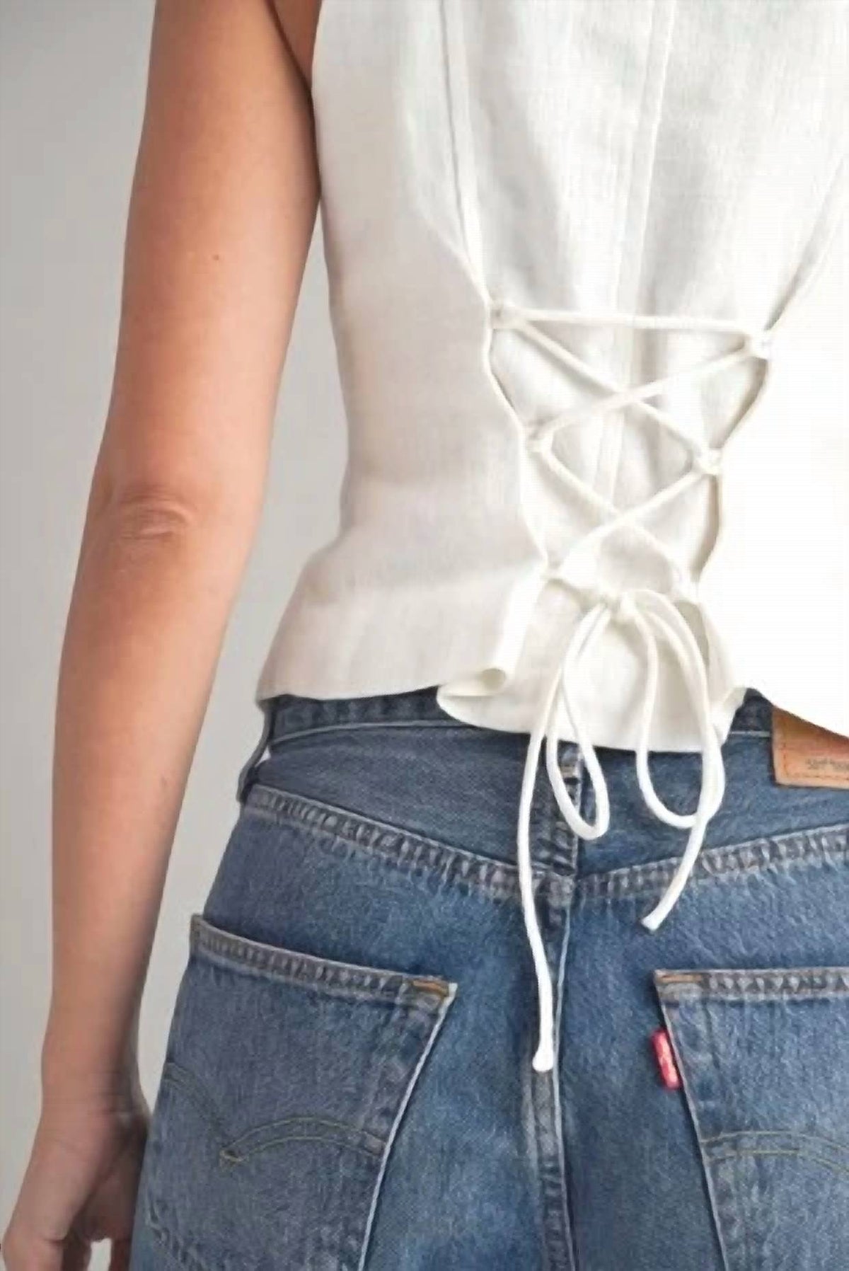 Mable - Linen Button Front Back Lace Up Vest