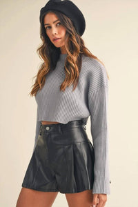 Mable - Mock Neck Cropped Long Sleeve Ribbed Sweater