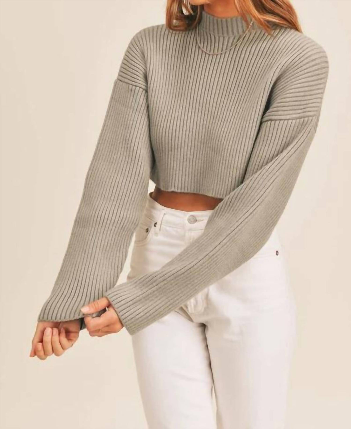 Mable - Mock Neck Cropped Ribbed Sweater