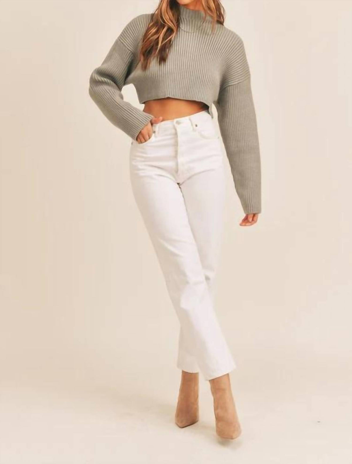 Mable - Mock Neck Cropped Ribbed Sweater