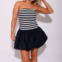 Mable - Nautical Striped Strapless Bubble Mini Dress