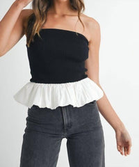 Mable - Ribbed Knit Bodice Bubble Peplum Tube Top