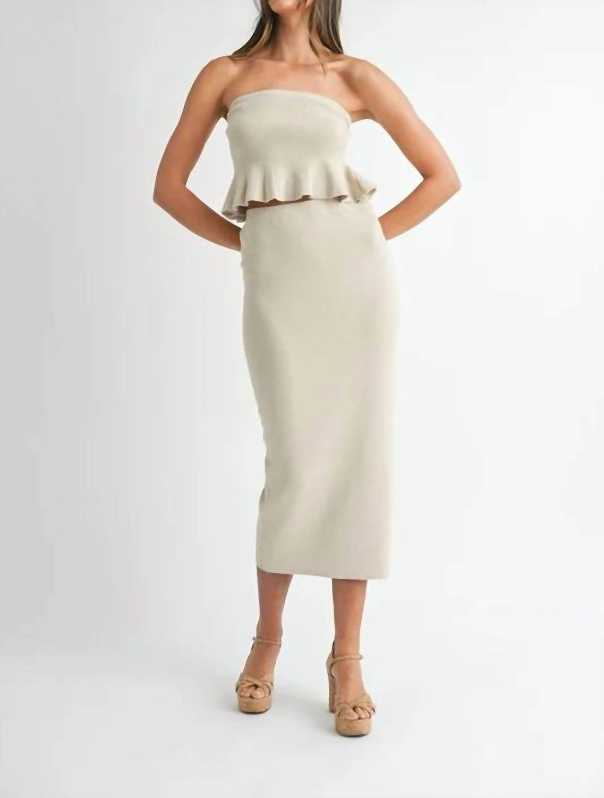 Mable - Strapless Peplum Top And Skirt Set