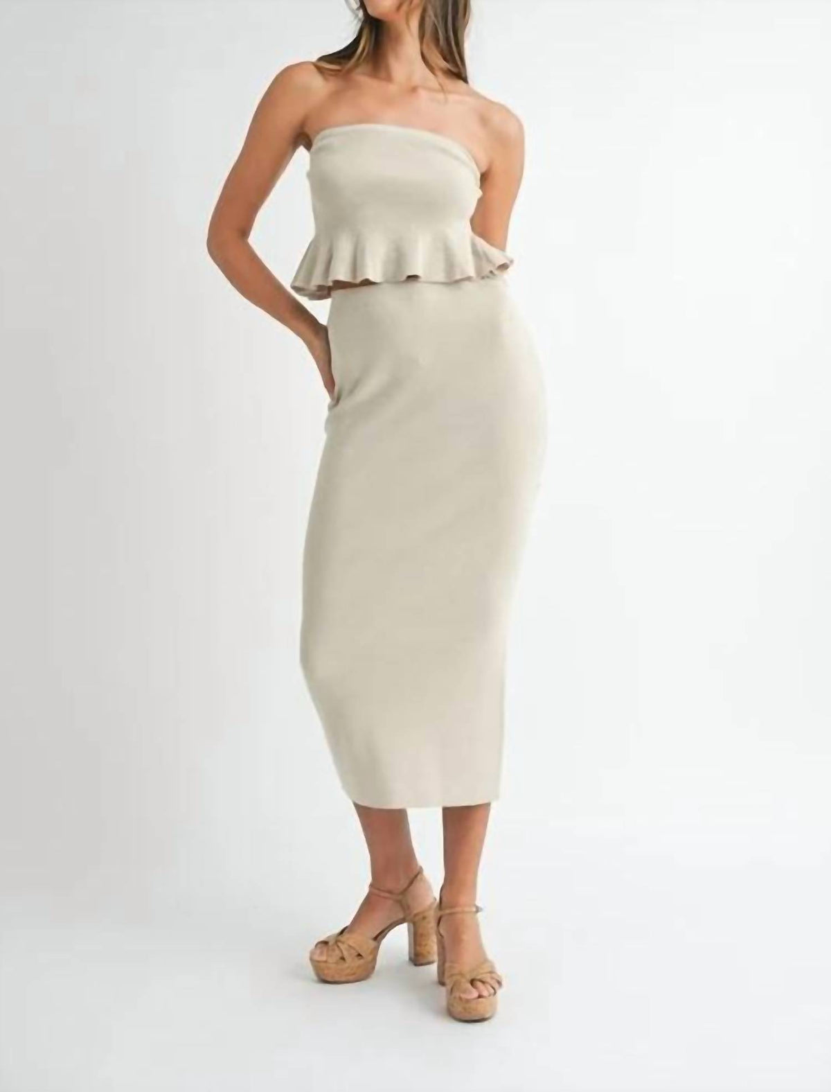 Mable - Strapless Peplum Top And Skirt Set