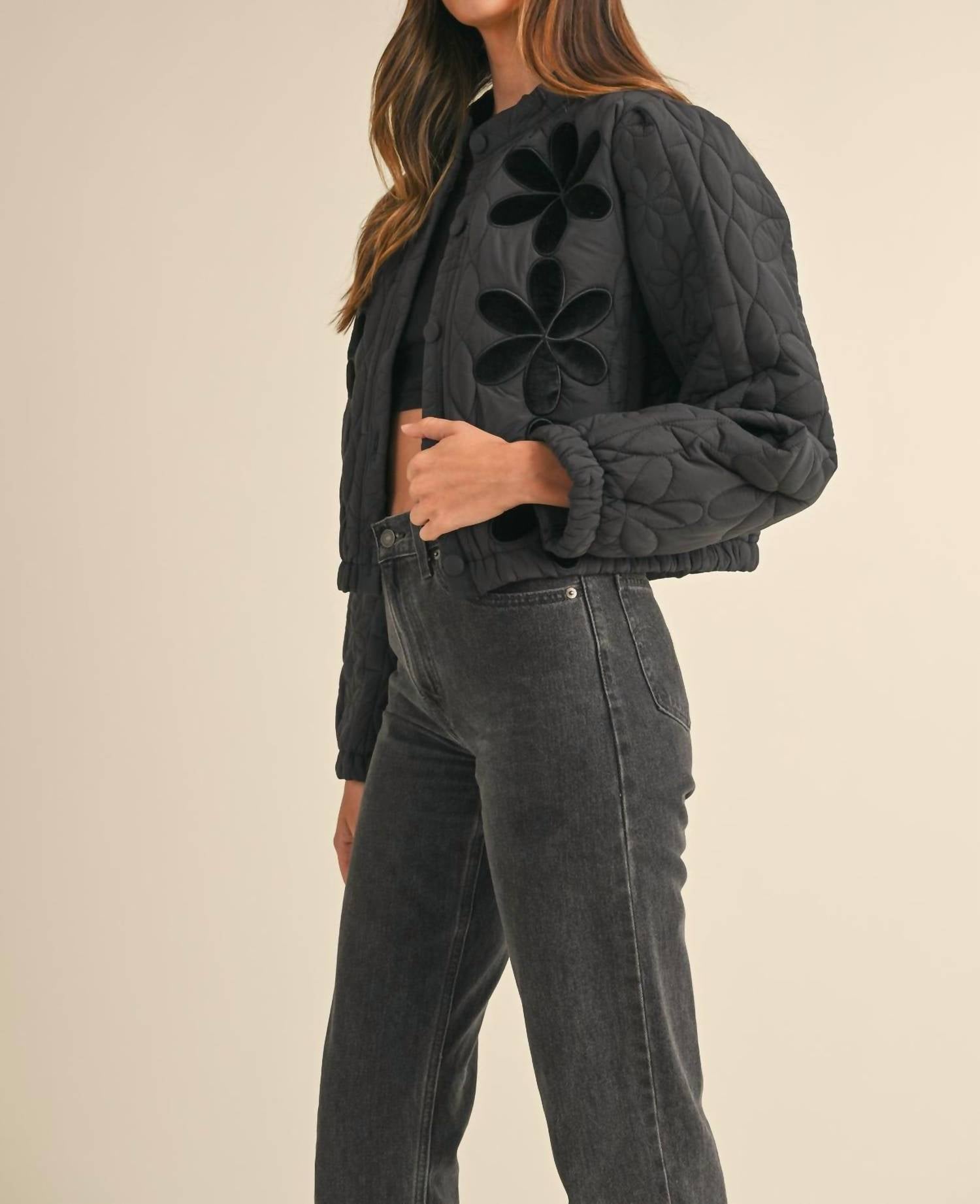 Mable - Temaris Quilted Velvet Embroidery Jacket - black - clothing - coats