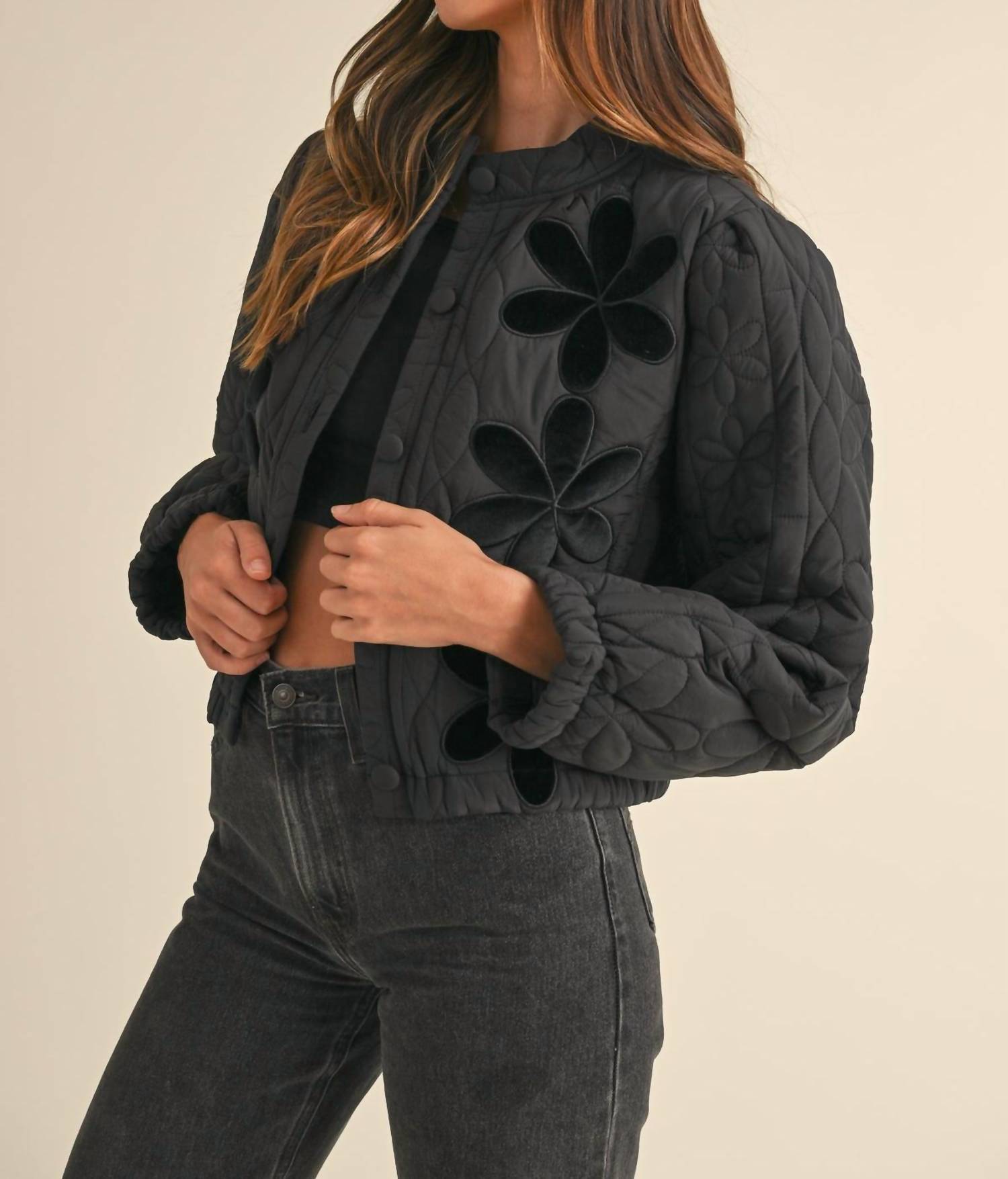 Mable - Temaris Quilted Velvet Embroidery Jacket - black - clothing - coats