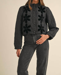 Mable - Temaris Quilted Velvet Embroidery Jacket - black - clothing - coats