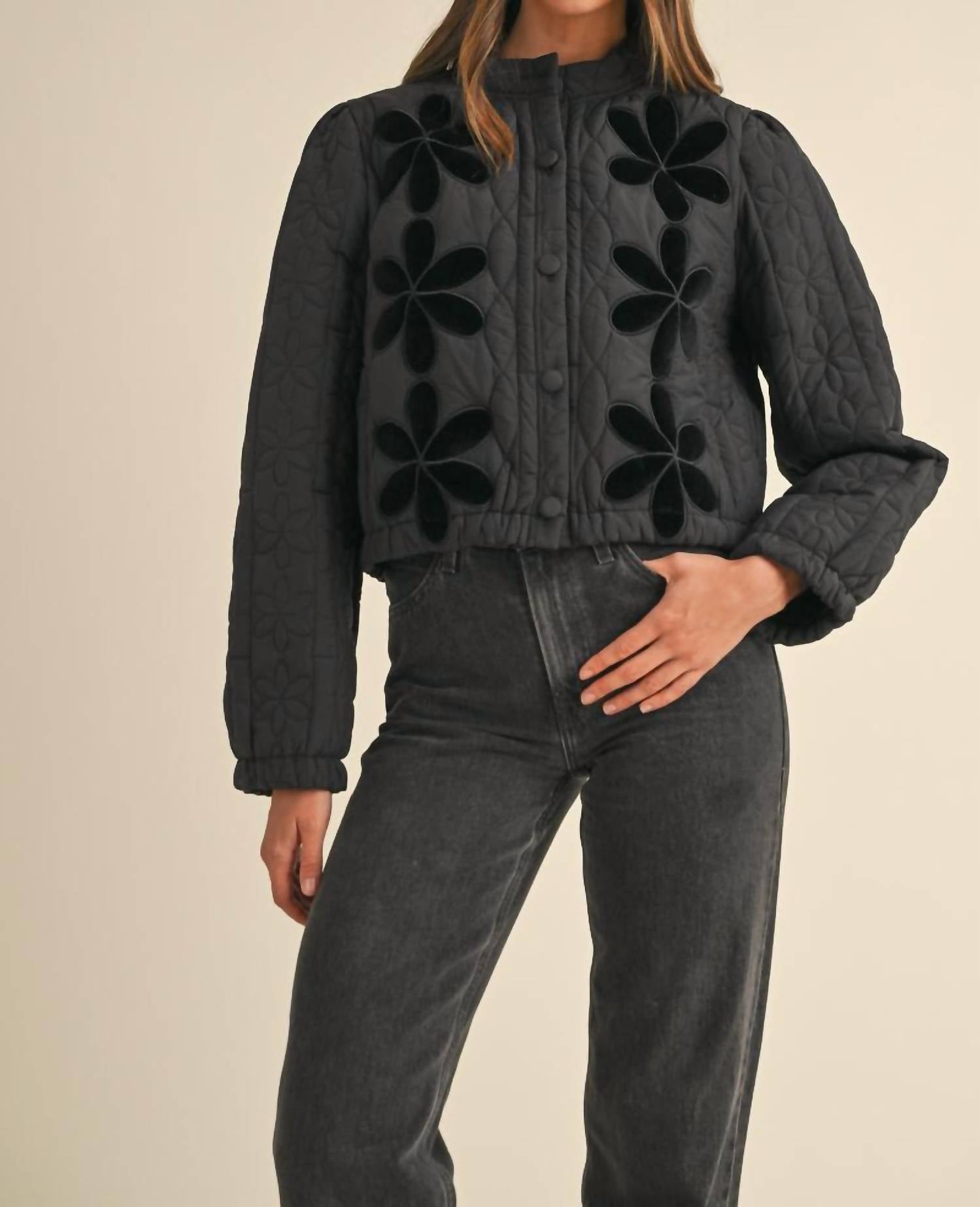 Mable - Temaris Quilted Velvet Embroidery Jacket - black - clothing - coats