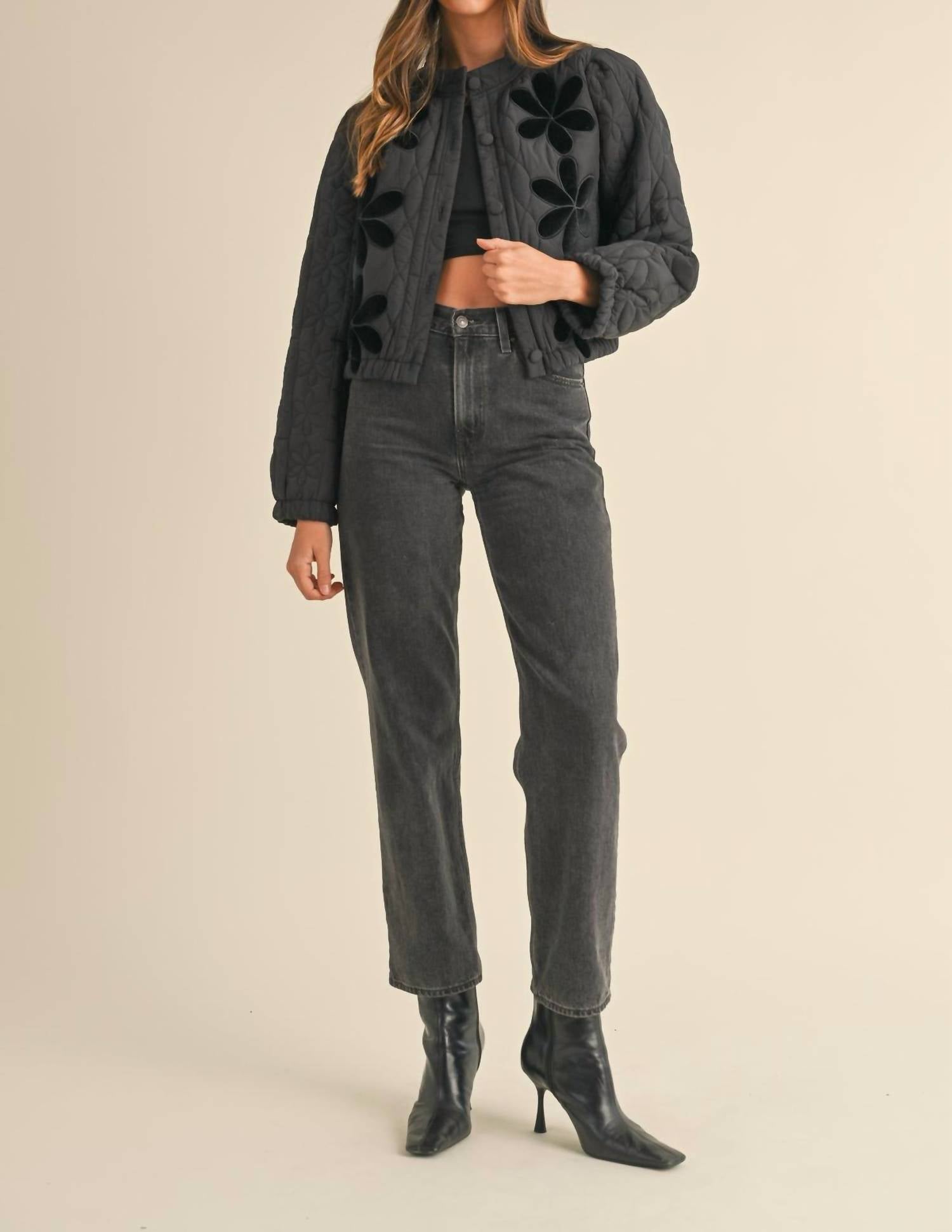 Mable - Temaris Quilted Velvet Embroidery Jacket - black - clothing - coats