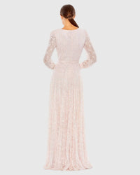 Mac Duggal - Beaded Lace Long Sleeve Wrap Over Gown - clothing - dresses - maxi