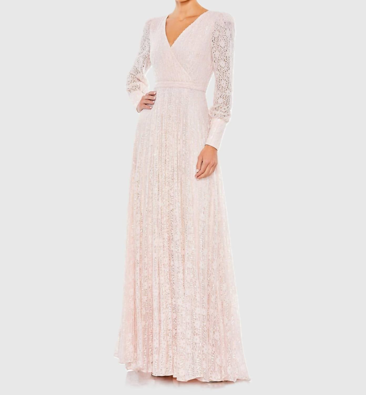 Mac Duggal - Beaded Lace Long Sleeve Wrap Over Gown - clothing - dresses - maxi