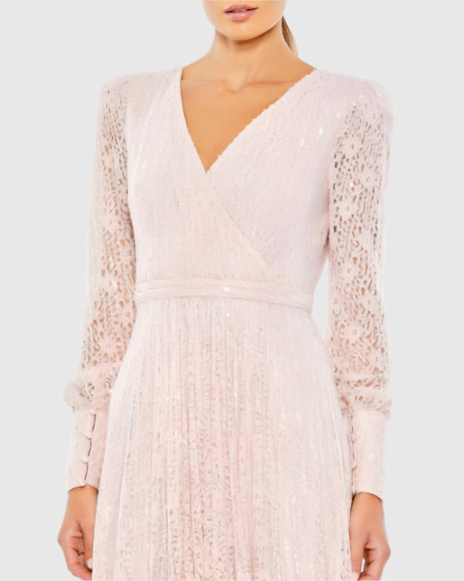 Mac Duggal - Beaded Lace Long Sleeve Wrap Over Gown - clothing - dresses - maxi