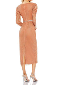 Mac Duggal - Beaded Wrap Over Puffsleeve Midi Dress - brown - clothing - dresses