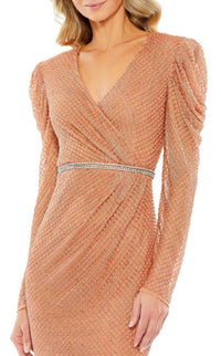 Mac Duggal - Beaded Wrap Over Puffsleeve Midi Dress - brown - clothing - dresses