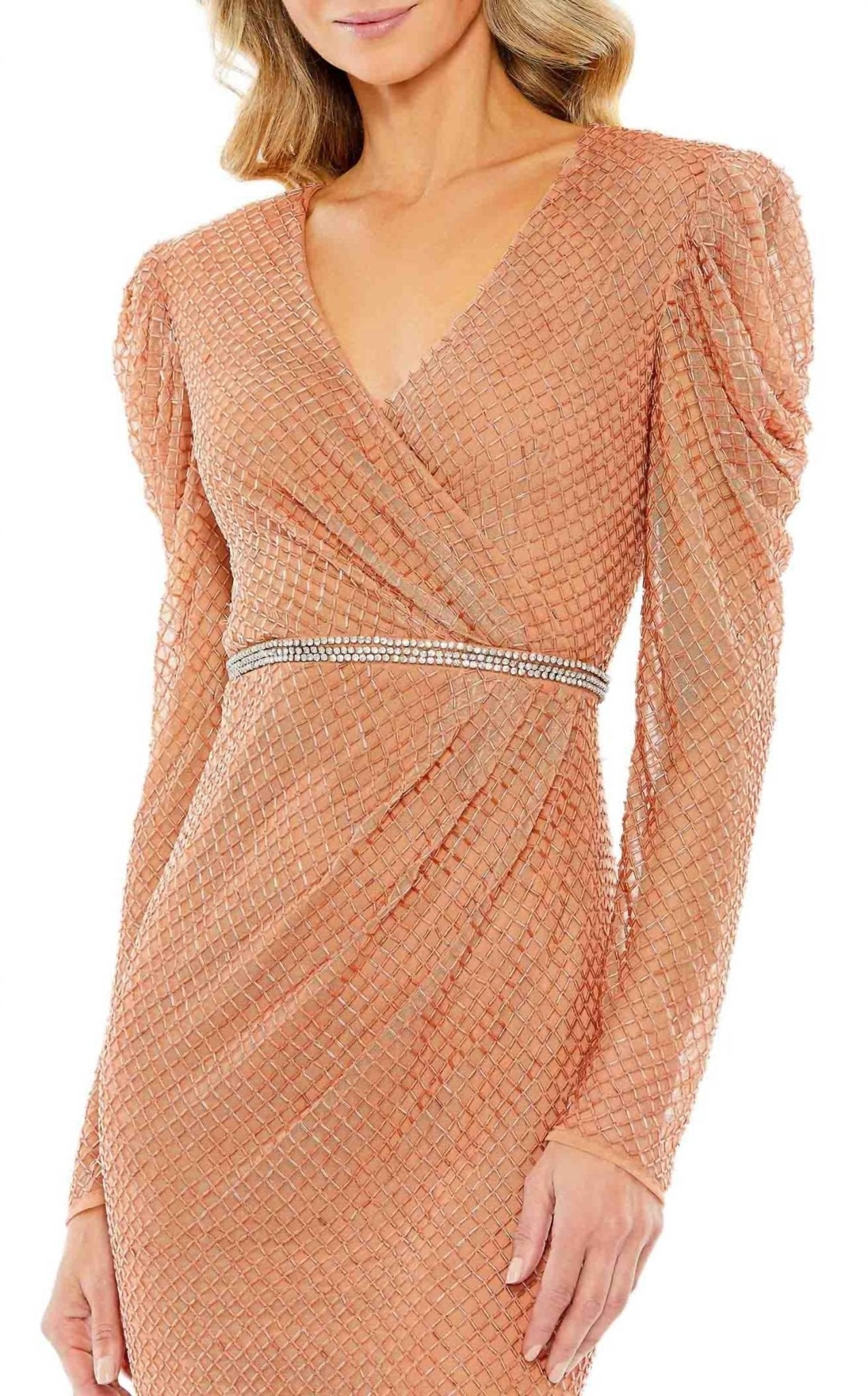 Mac Duggal - Beaded Wrap Over Puffsleeve Midi Dress - brown - clothing - dresses