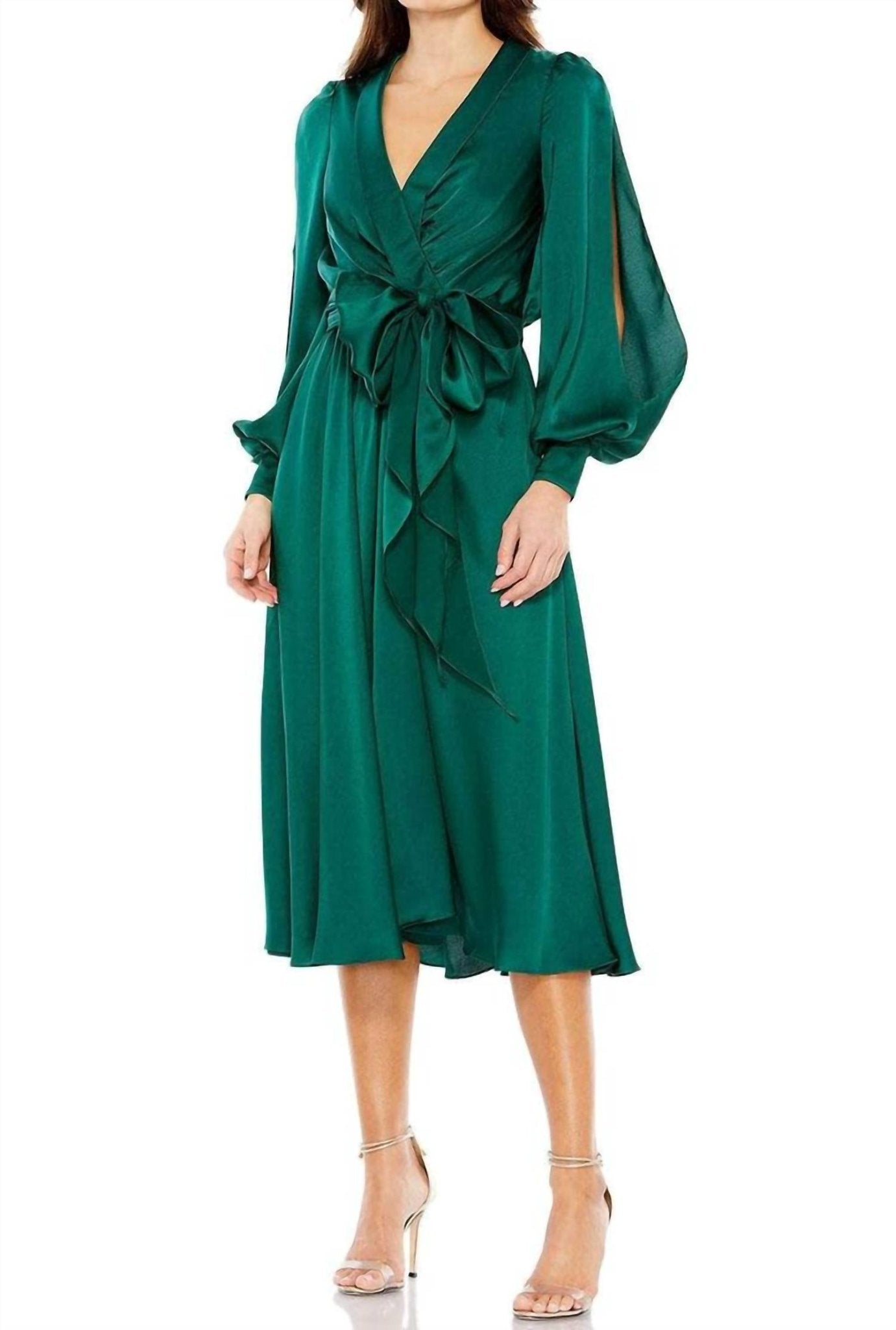Mac Duggal - Collared Faux Wrap Bishop Sleeve Flowy Dress - clothing - dresses - green