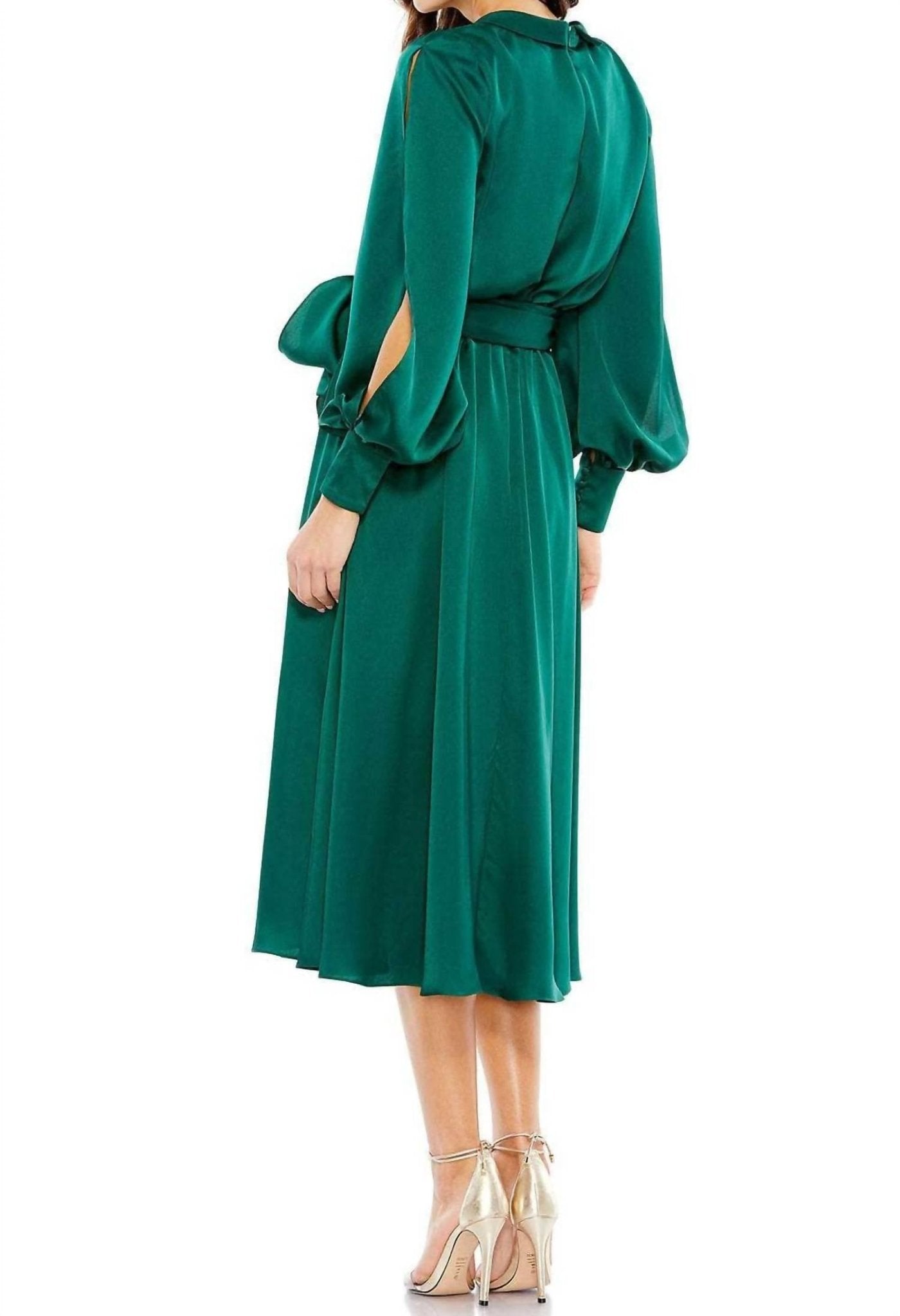 Mac Duggal - Collared Faux Wrap Bishop Sleeve Flowy Dress - clothing - dresses - green