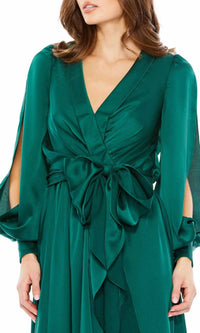 Mac Duggal - Collared Faux Wrap Bishop Sleeve Flowy Dress - clothing - dresses - green