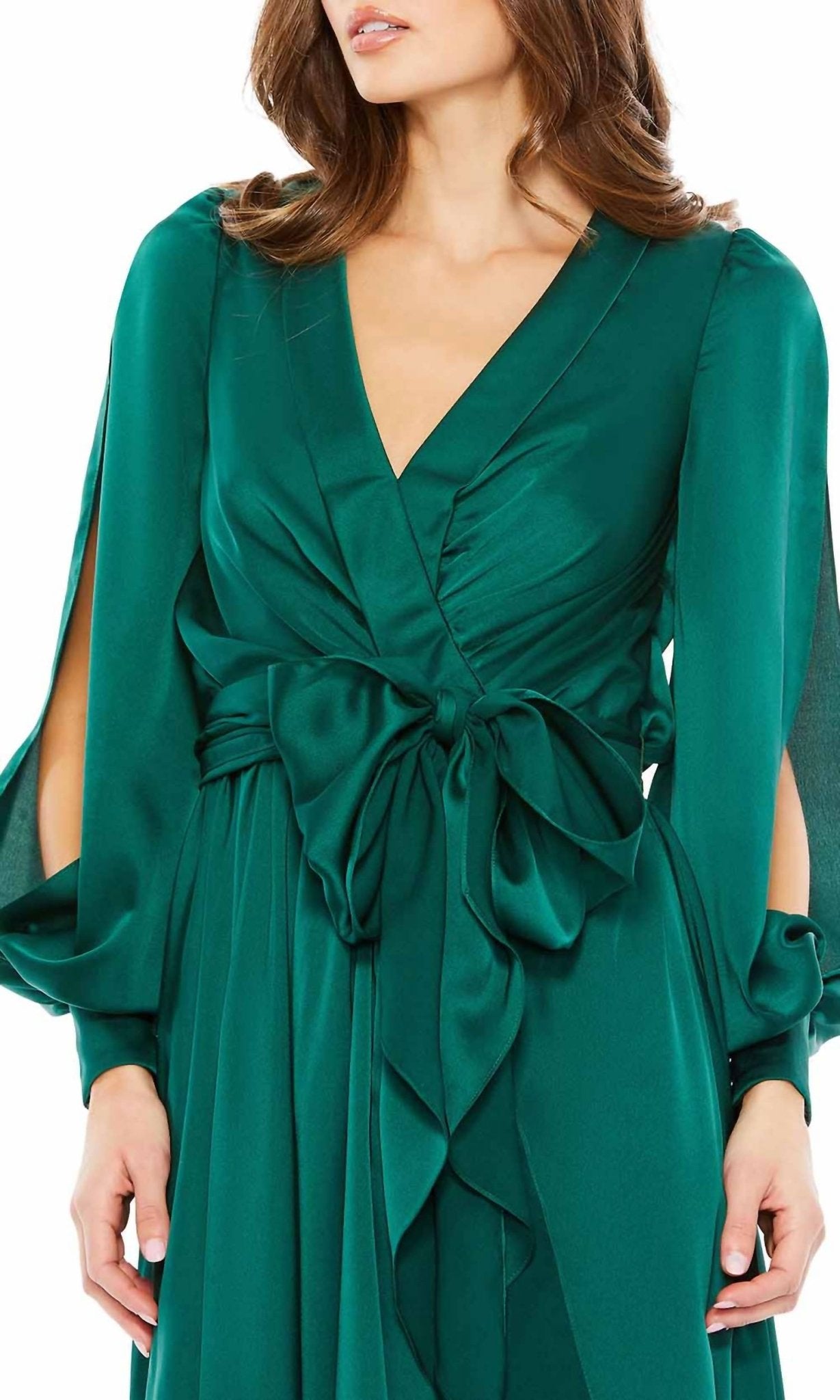 Mac Duggal - Collared Faux Wrap Bishop Sleeve Flowy Dress - clothing - dresses - green