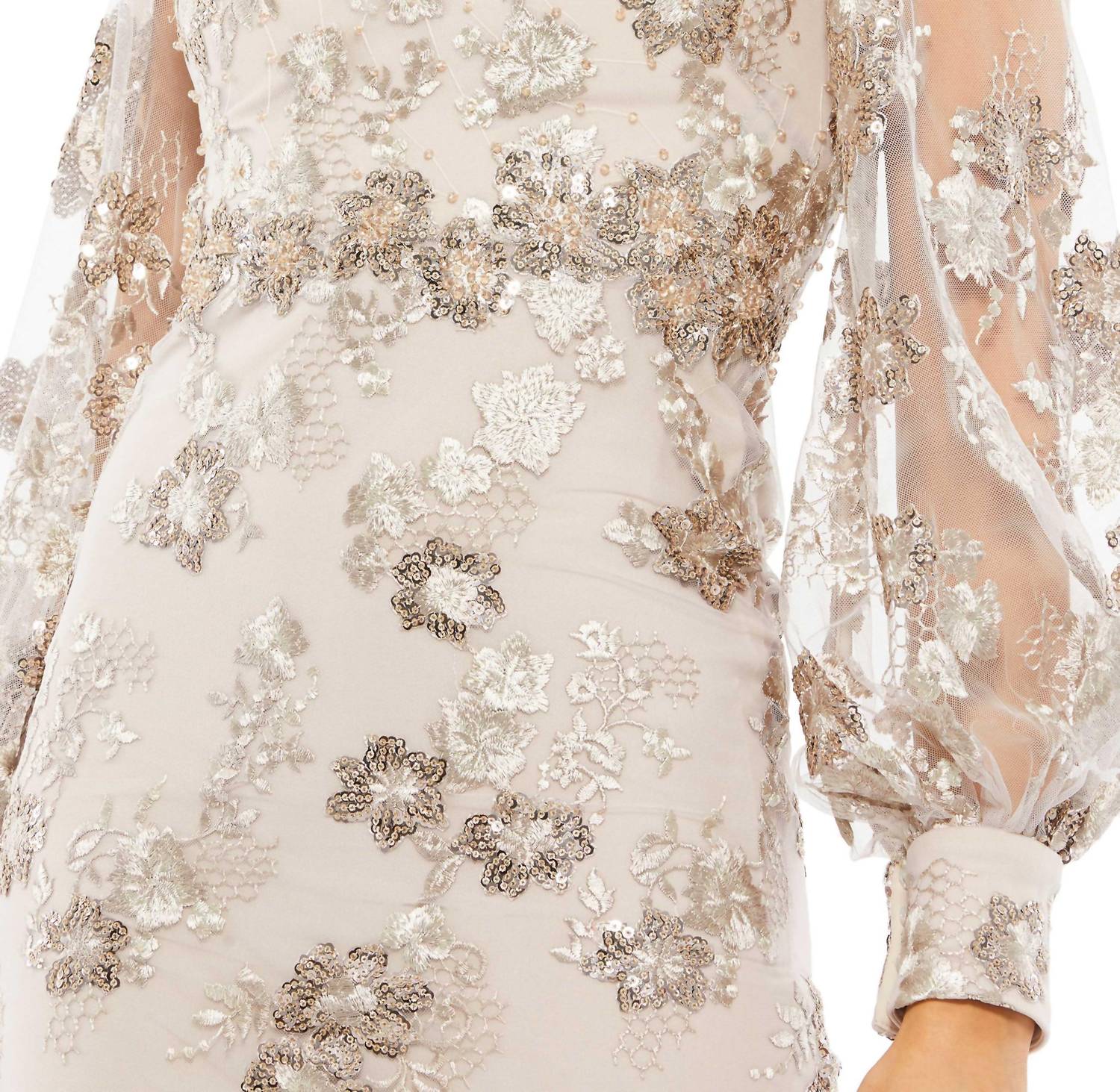 Mac Duggal - Embellished High Neck Illusion Long Sleeve Midi Dress - clothing - dresses - grey