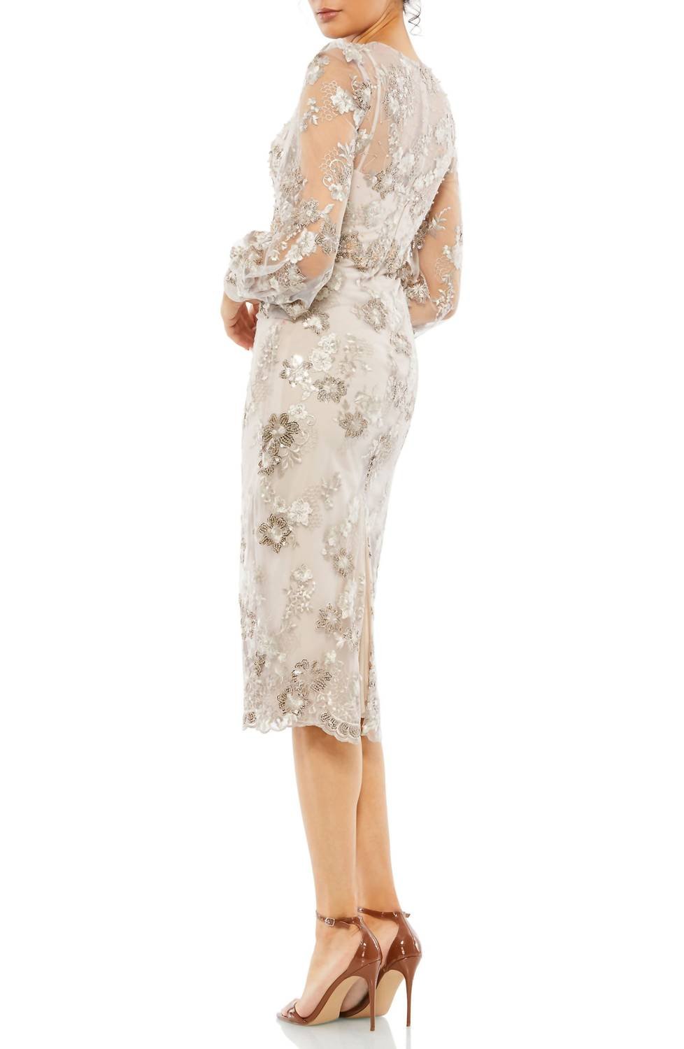 Mac Duggal - Embellished High Neck Illusion Long Sleeve Midi Dress - clothing - dresses - grey