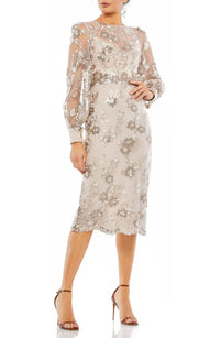 Mac Duggal - Embellished High Neck Illusion Long Sleeve Midi Dress - clothing - dresses - grey
