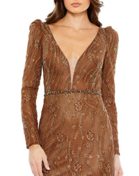 Mac Duggal - Embellished Long Sleeve Plunge Trumpet Gown - brown - clothing - dresses