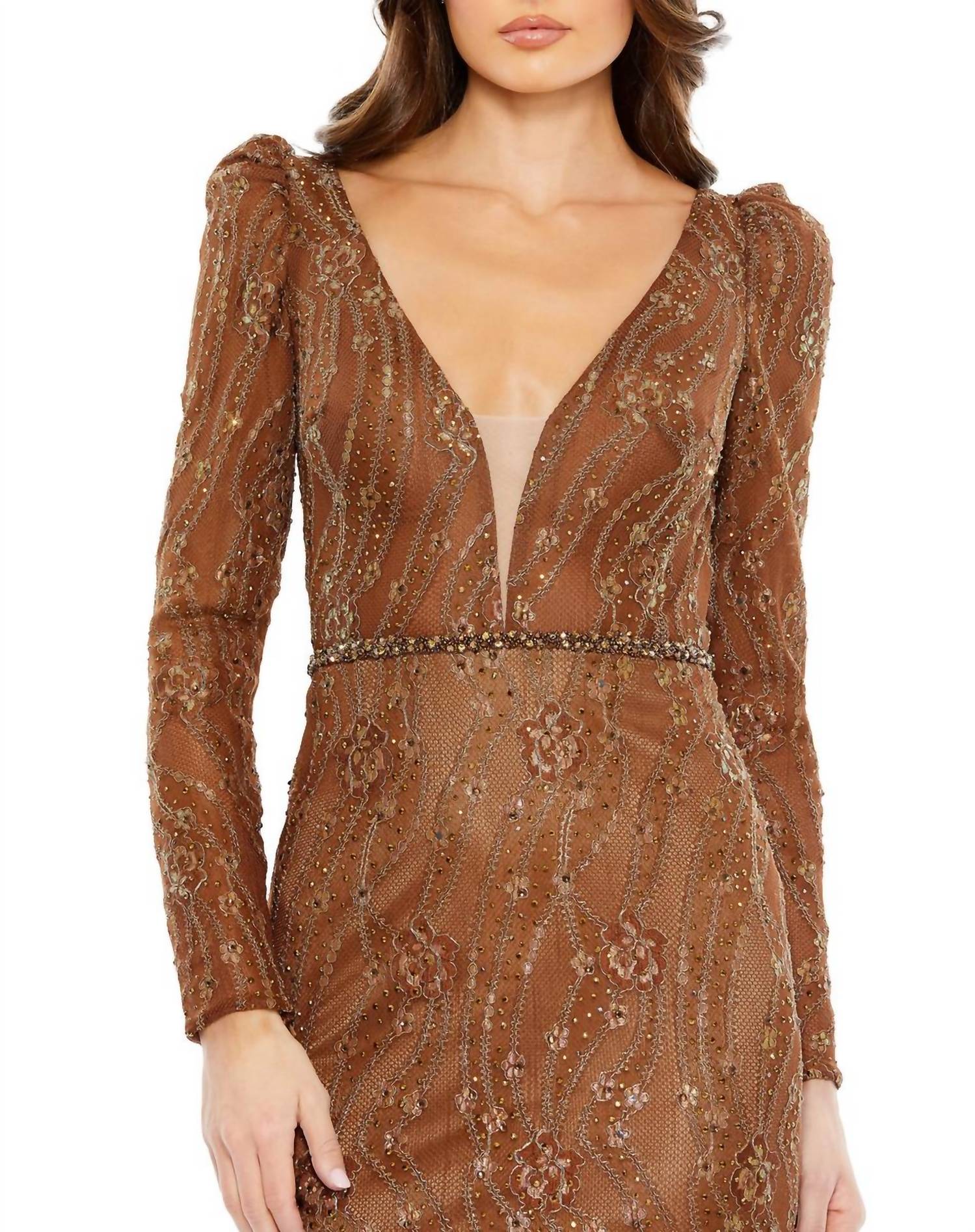 Mac Duggal - Embellished Long Sleeve Plunge Trumpet Gown - brown - clothing - dresses