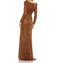 Mac Duggal - Embellished Long Sleeve Plunge Trumpet Gown - brown - clothing - dresses