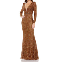 Mac Duggal - Embellished Long Sleeve Plunge Trumpet Gown - brown - clothing - dresses