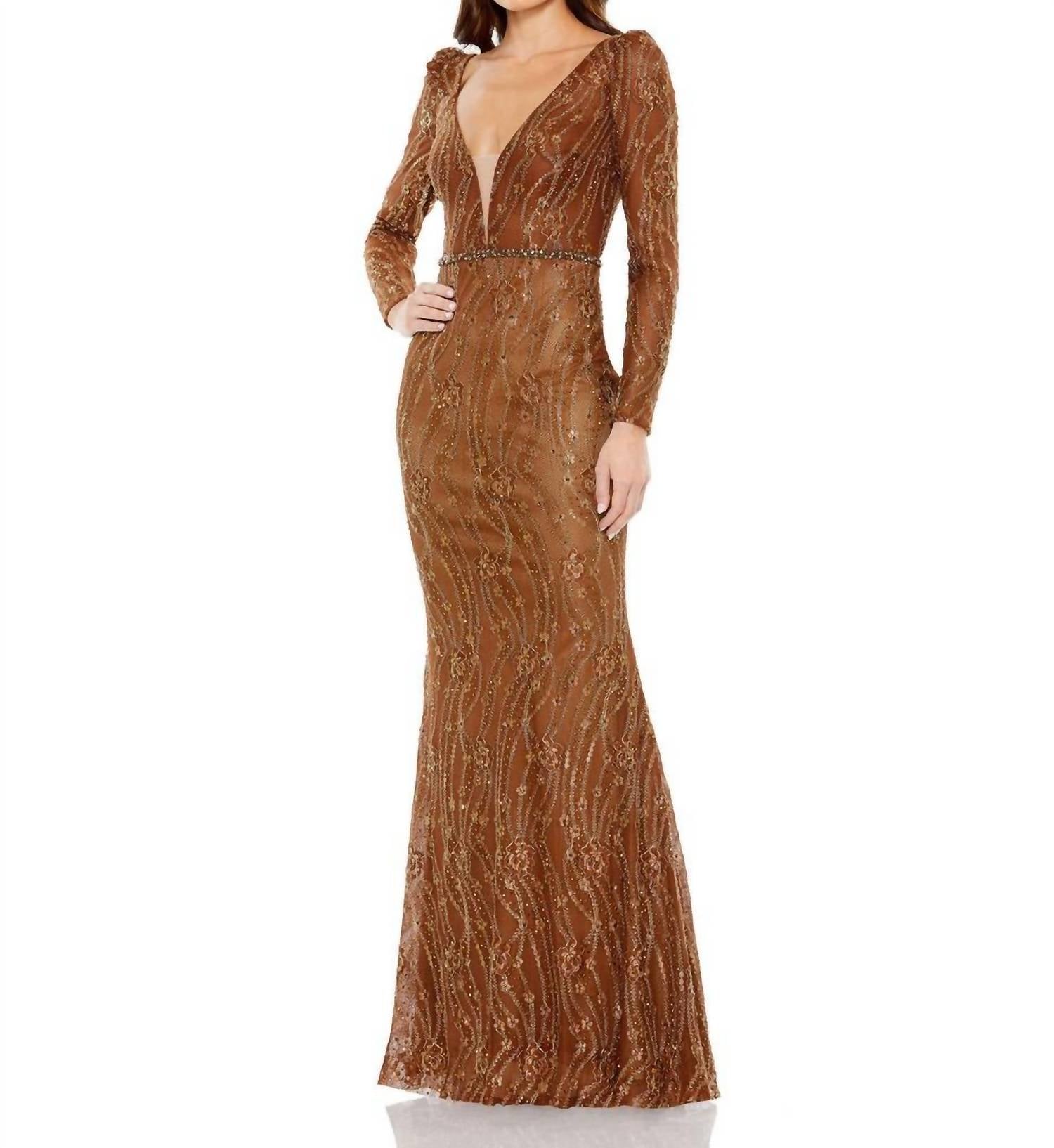 Mac Duggal - Embellished Long Sleeve Plunge Trumpet Gown - brown - clothing - dresses