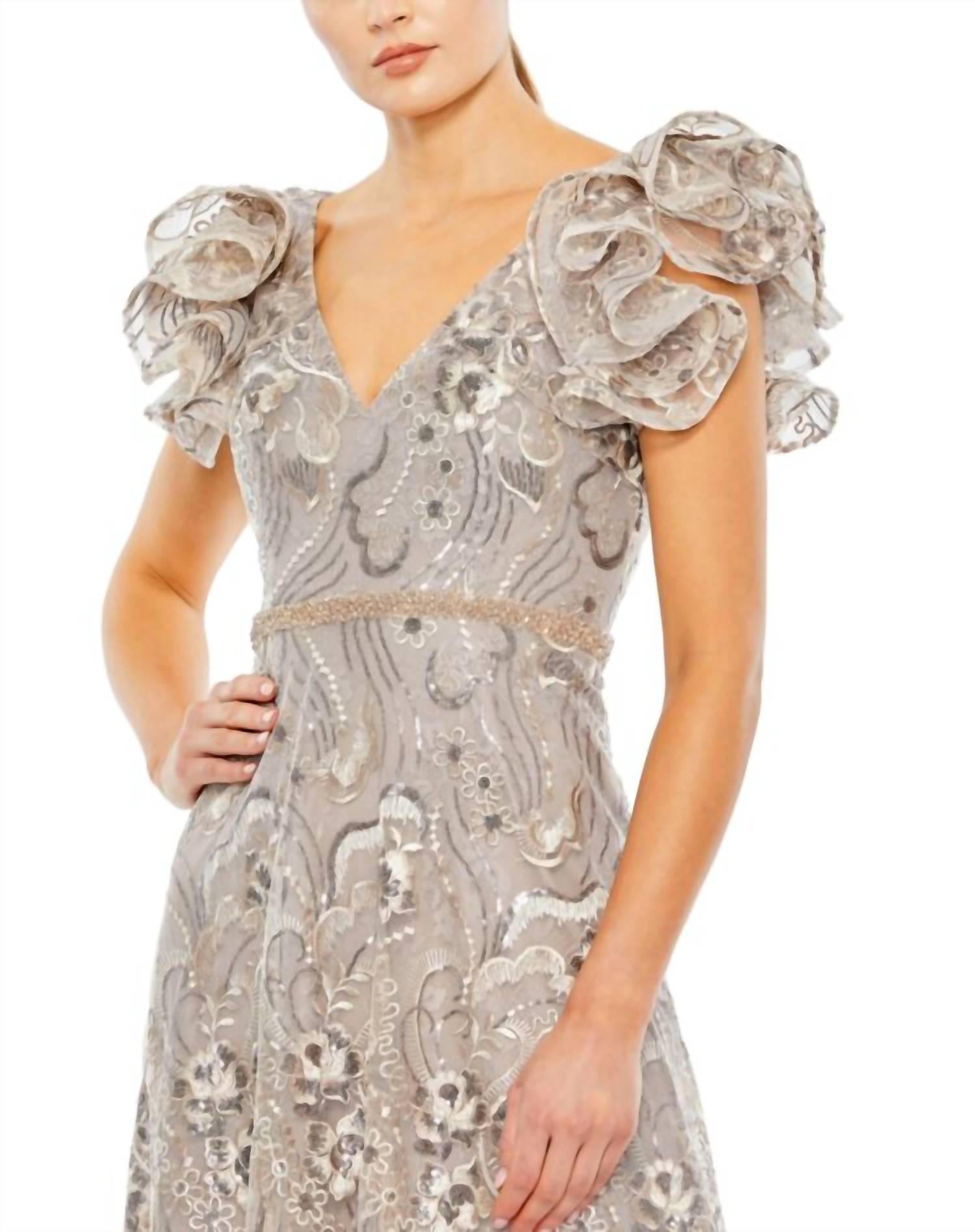 Mac Duggal - Embellished Ruffled Cap Sleeve A Line Dress 68262 - beige - clothing - dresses