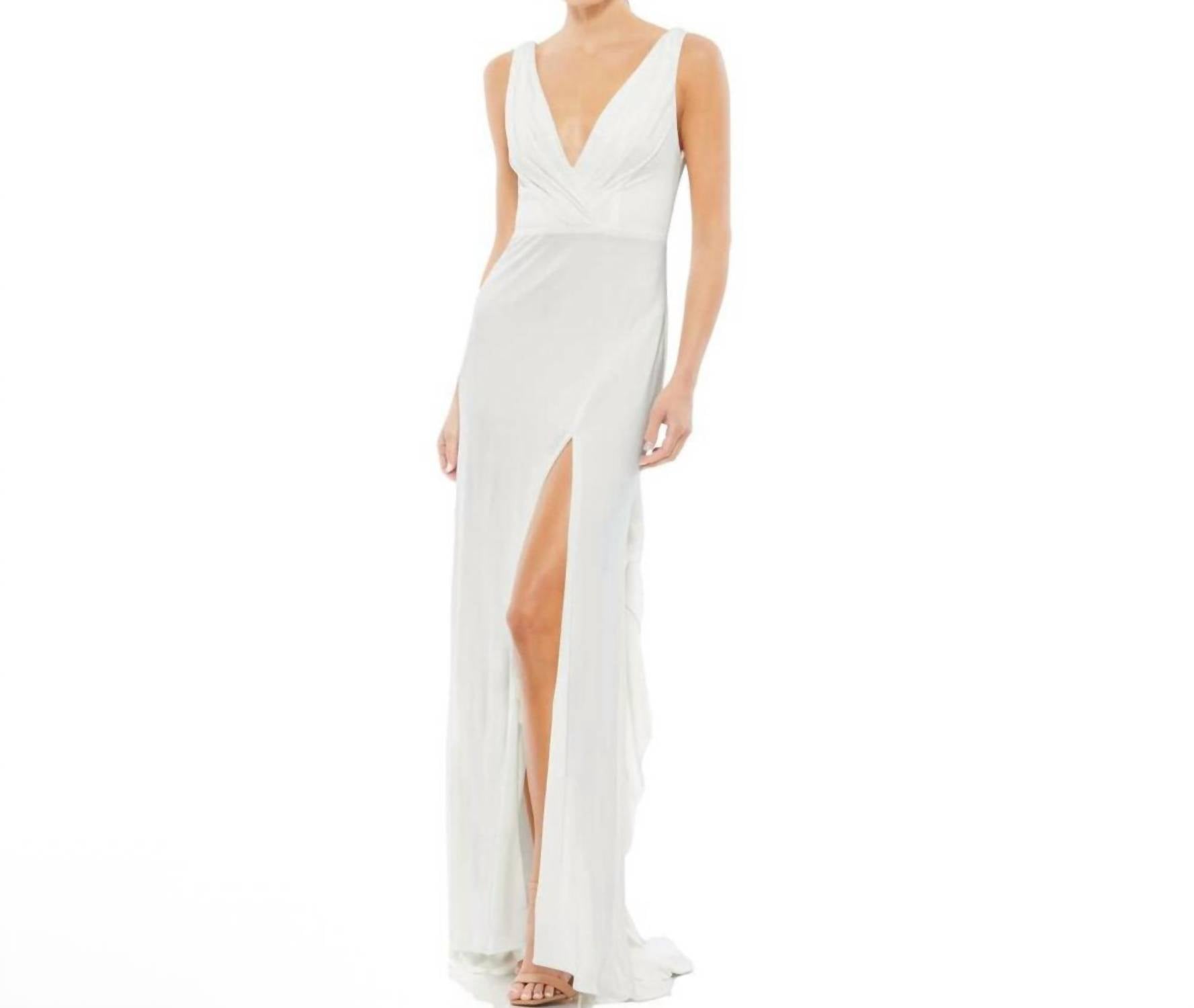 Mac Duggal - Faux Wrap V - neck Slit Jersey Gown - clothing - dresses - maxi