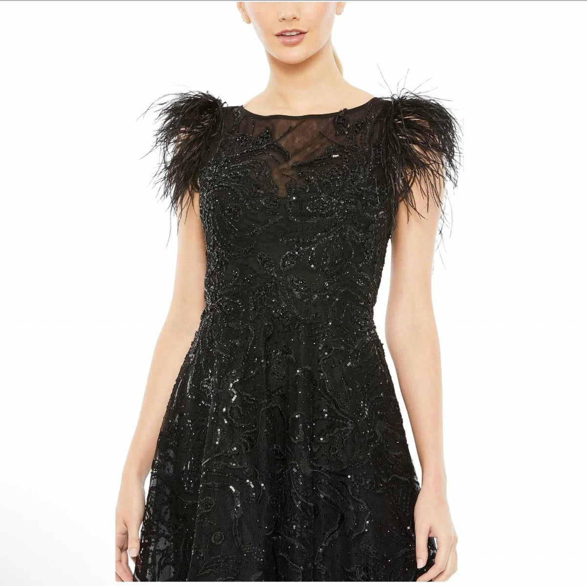 Mac Duggal - Feather Shoulder Sequin Embellished Midi Dress