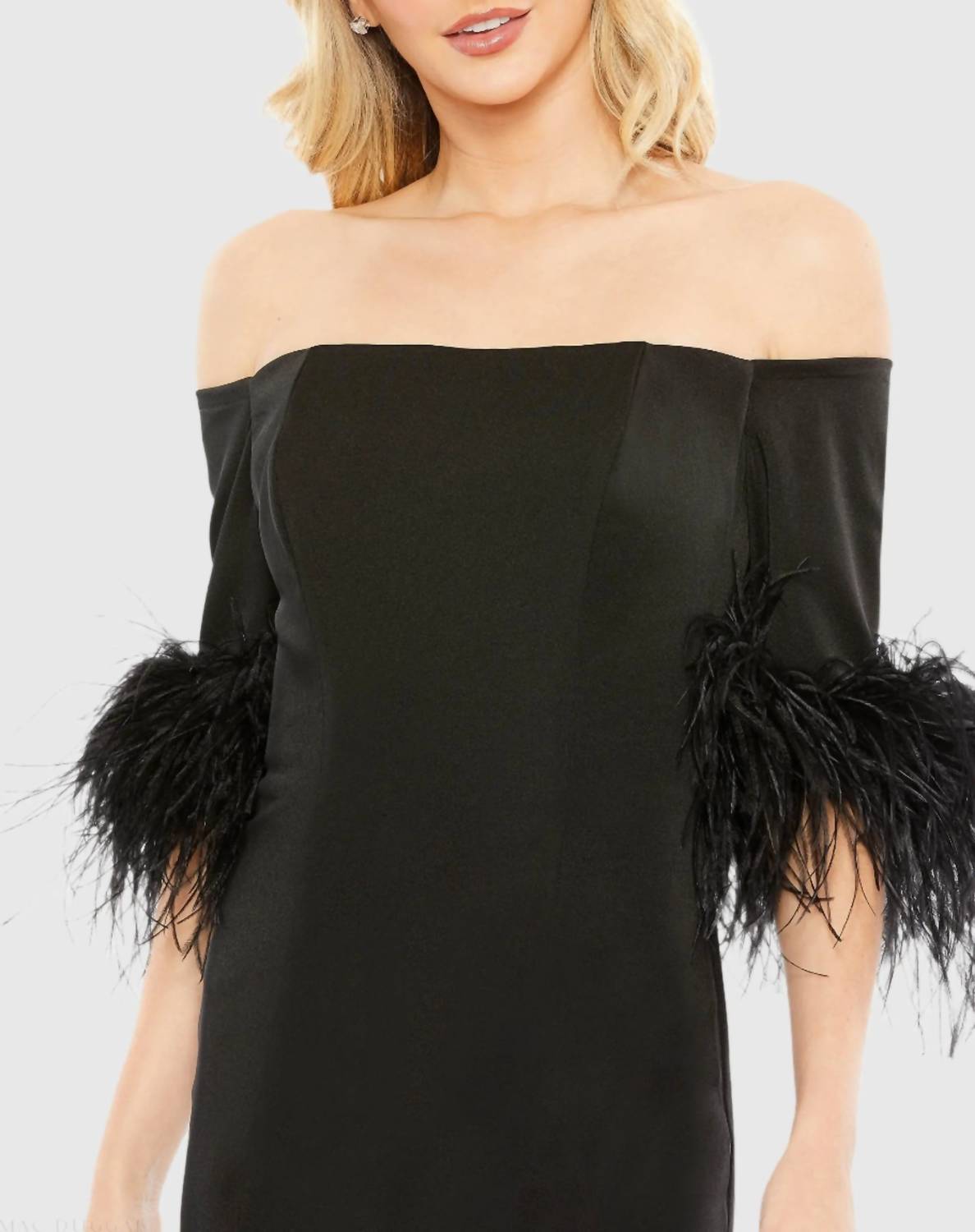 Mac Duggal - Feather Trim Off The Shoulder Column Gown