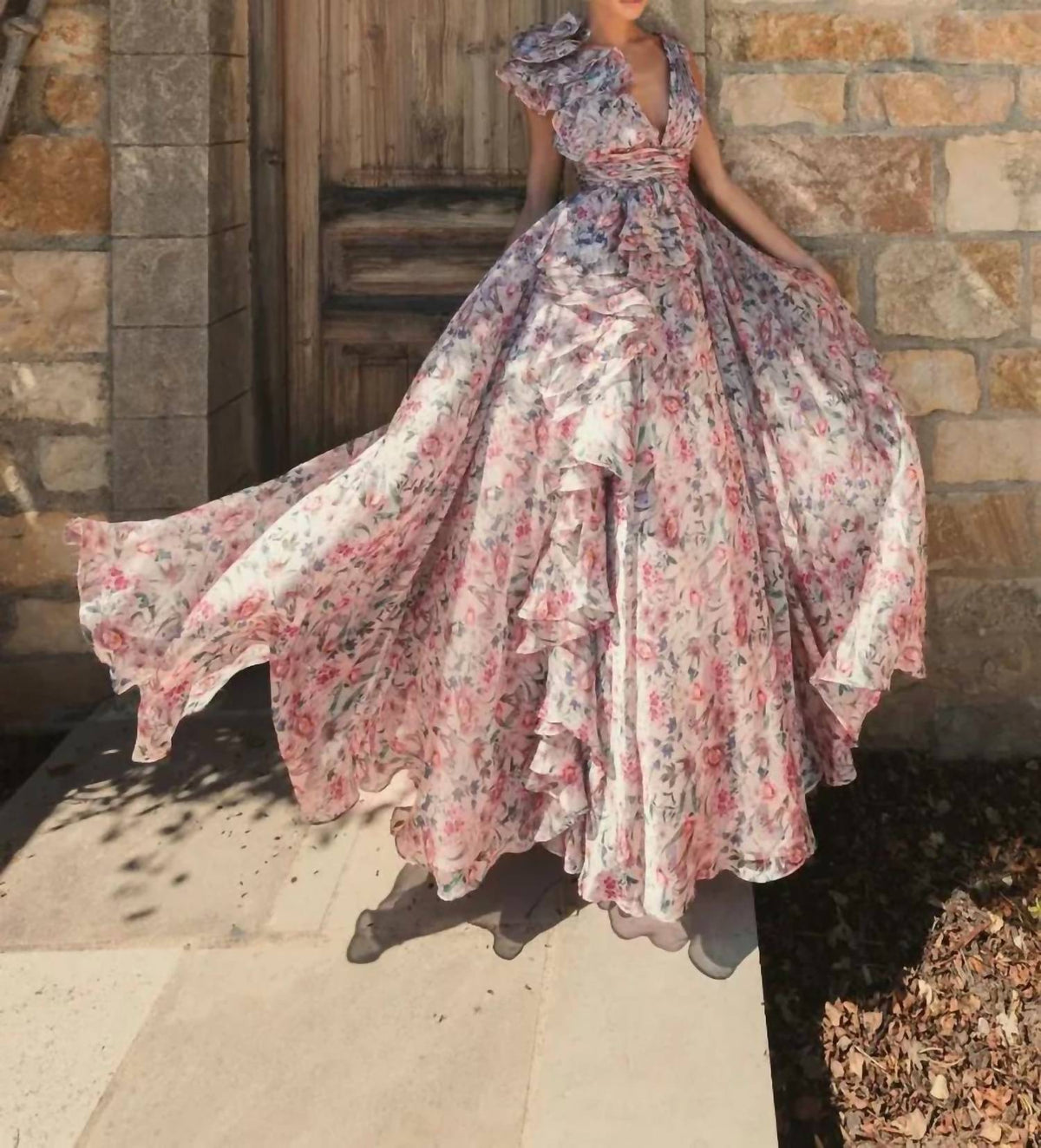 Mac Duggal - Floral Chiffon Ruffle Ball Gown