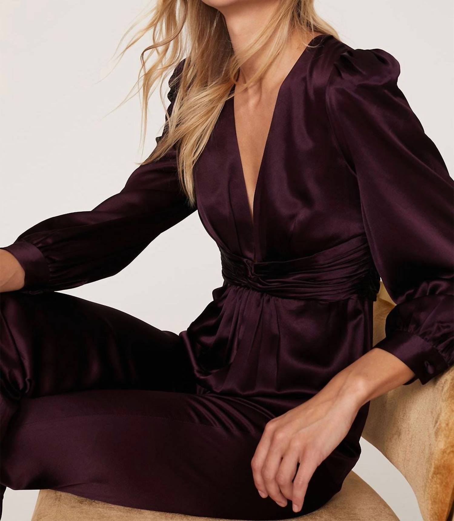 Mac Duggal - Front Twist Puff Sleeve Deep V Neck Jumpsuit - clothing - jumpsuits - pants