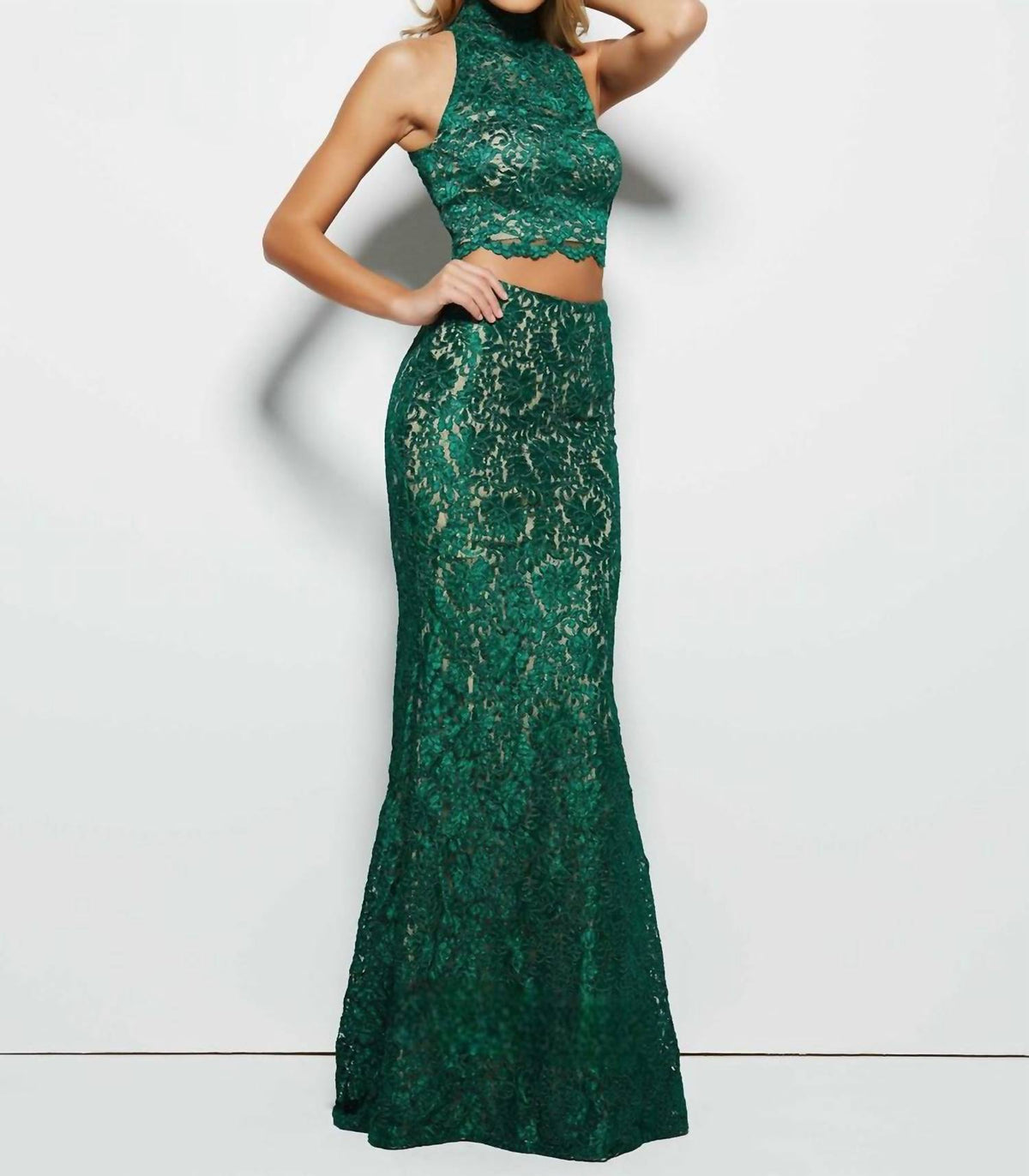 Mac Duggal - Lace Two-Piece Halter Neck Gown