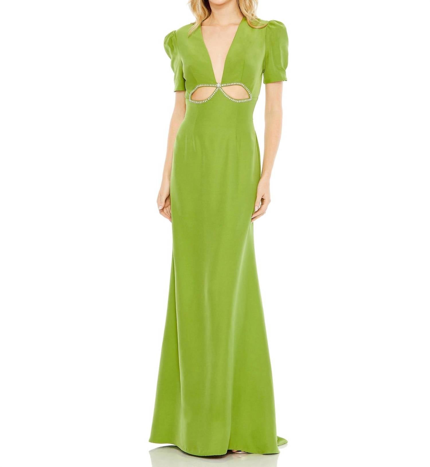 Mac Duggal - Plunge Neck Puff Sleeve Cut Out Gown - clothing - dresses - green