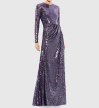 Mac Duggal - Sequined Long Sleeve Draped Gown
