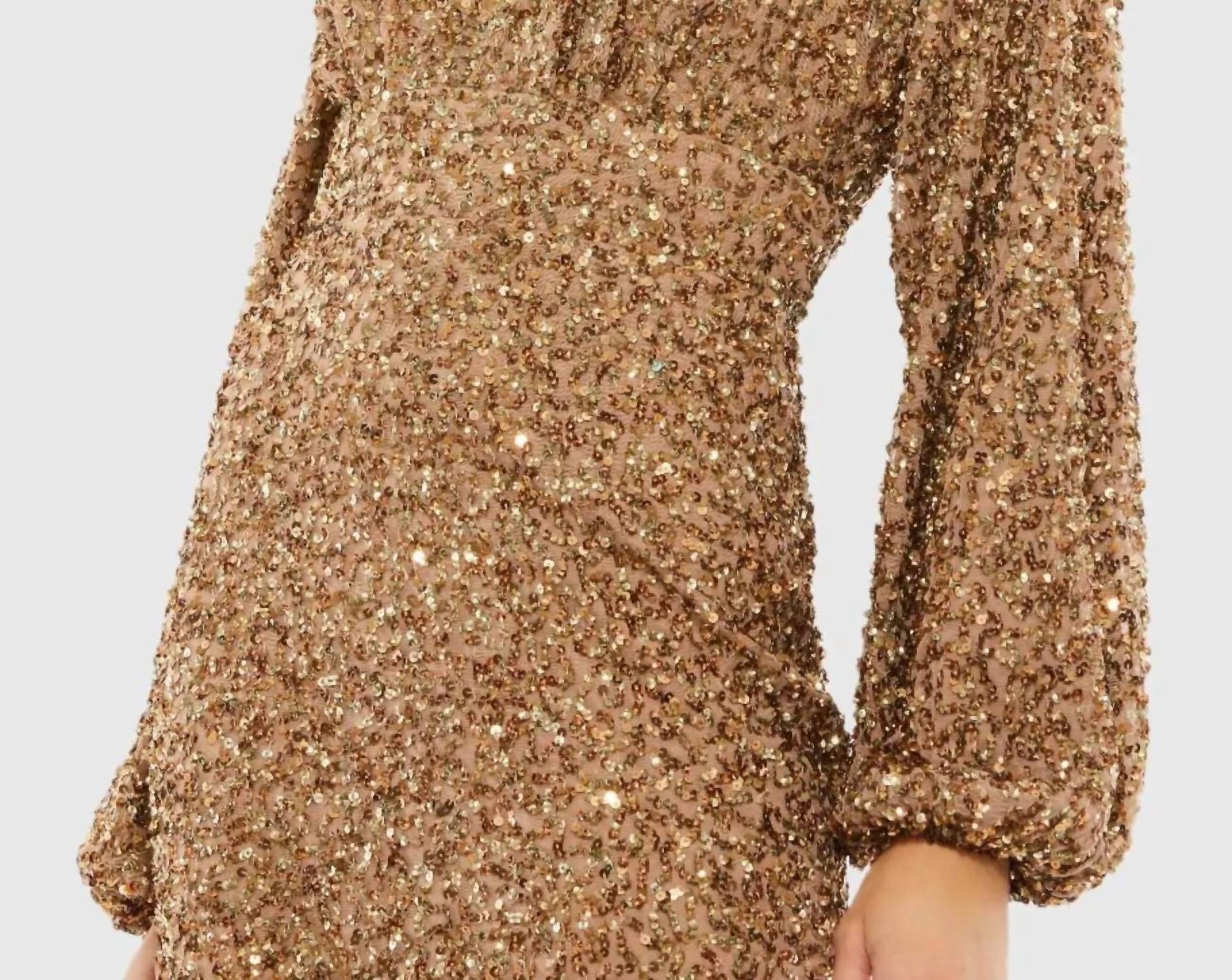 Mac Duggal - Sequined Puff Sleeve V Neck Gown - brown - clothing - dresses
