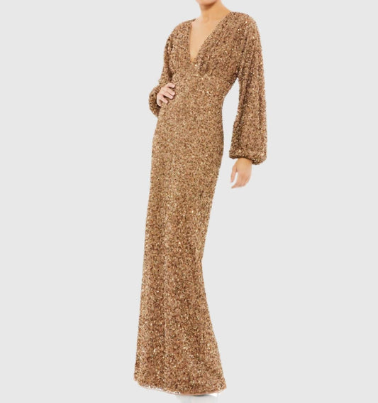 Mac Duggal - Sequined Puff Sleeve V Neck Gown - brown - clothing - dresses