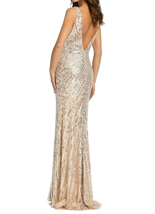 Mac Duggal - Sequined V - neck Gown - beige - clothing - dresses