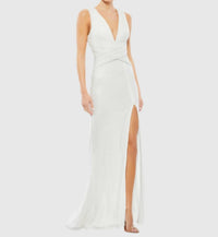 Mac Duggal - V - neck Sequin Wrap Waist Gown - clothing - dresses - maxi