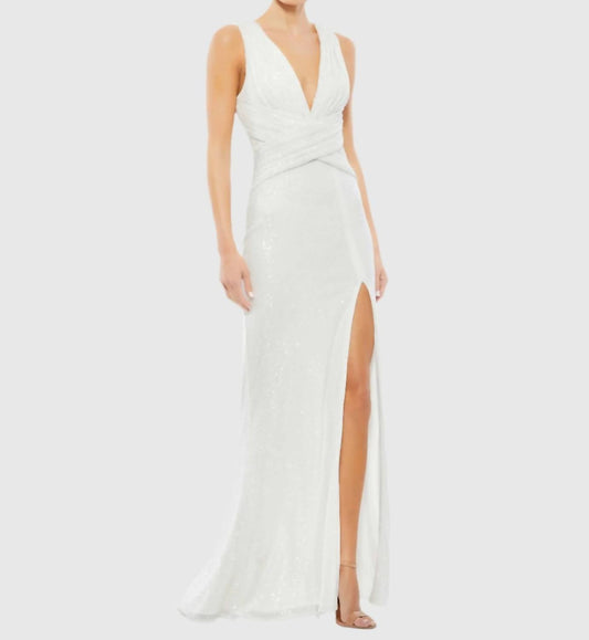 Mac Duggal - V - neck Sequin Wrap Waist Gown - clothing - dresses - maxi