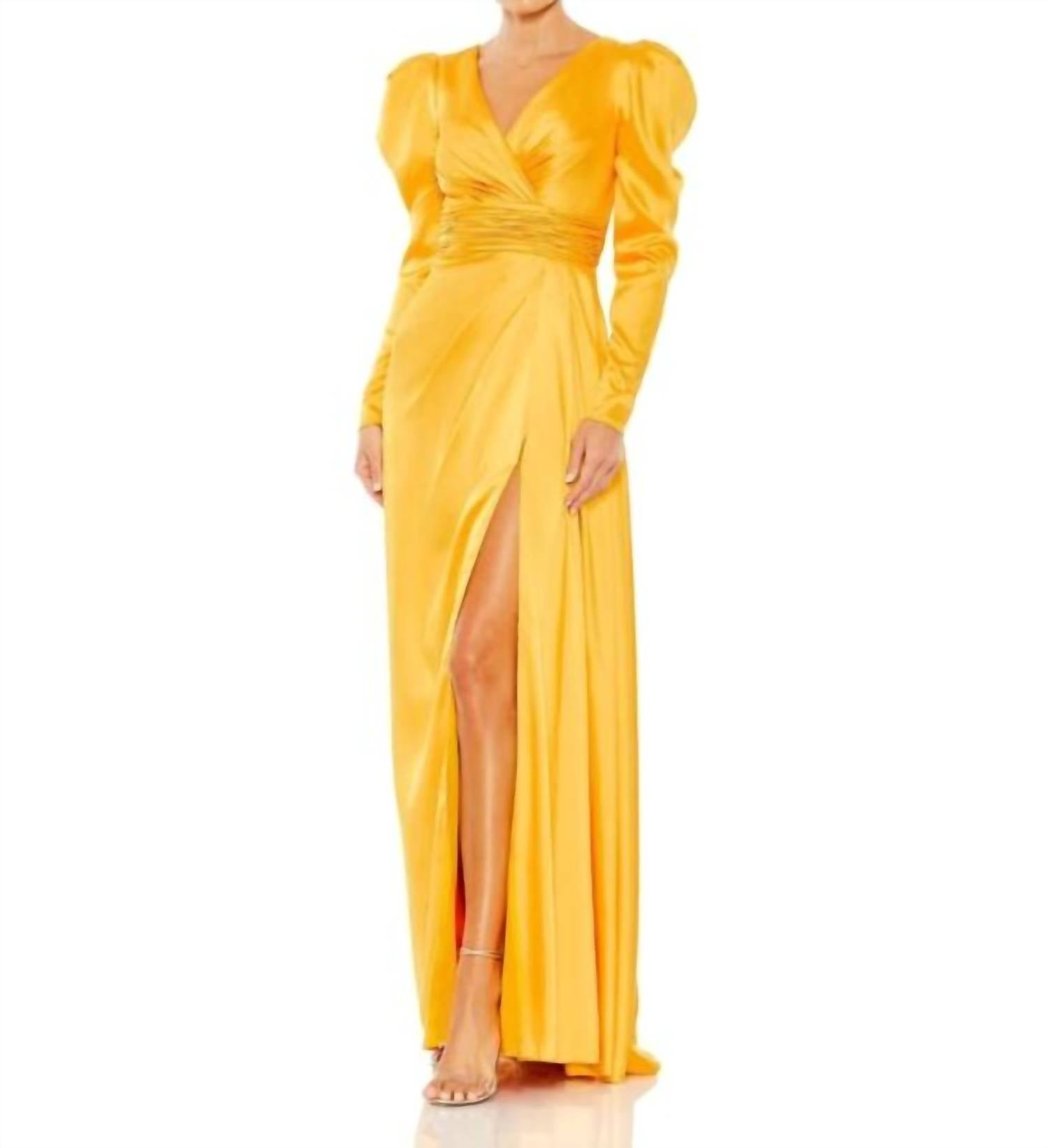 Mac Duggal - V Neckline Long Puff Sleeves Maxi Column Gown - clothing - dresses - maxi