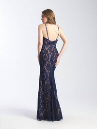 Madison James - Lace Allover Slit Halter Prom Dress - blue - clothing - dresses