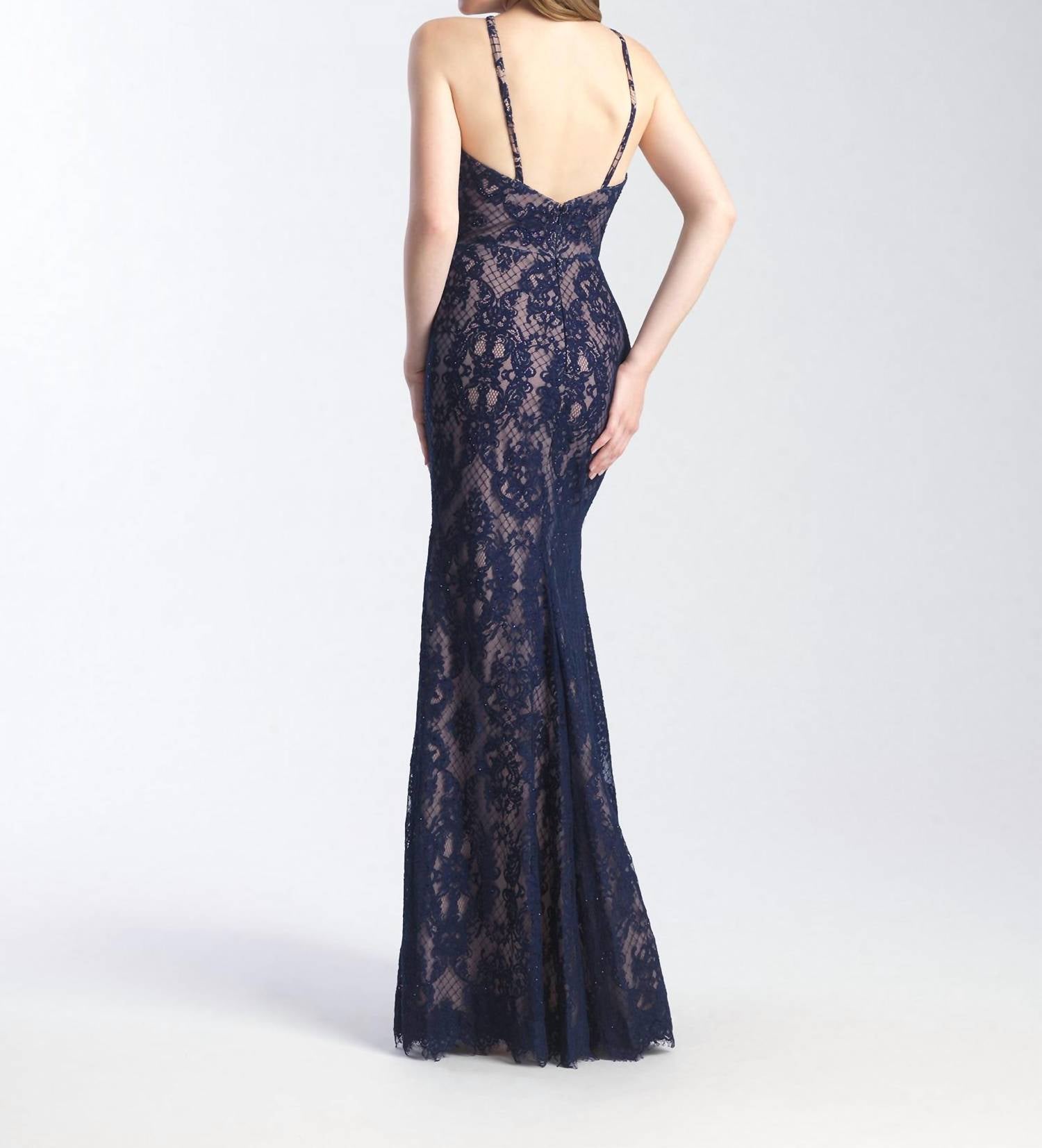 Madison James - Lace Allover Slit Halter Prom Dress - blue - clothing - dresses