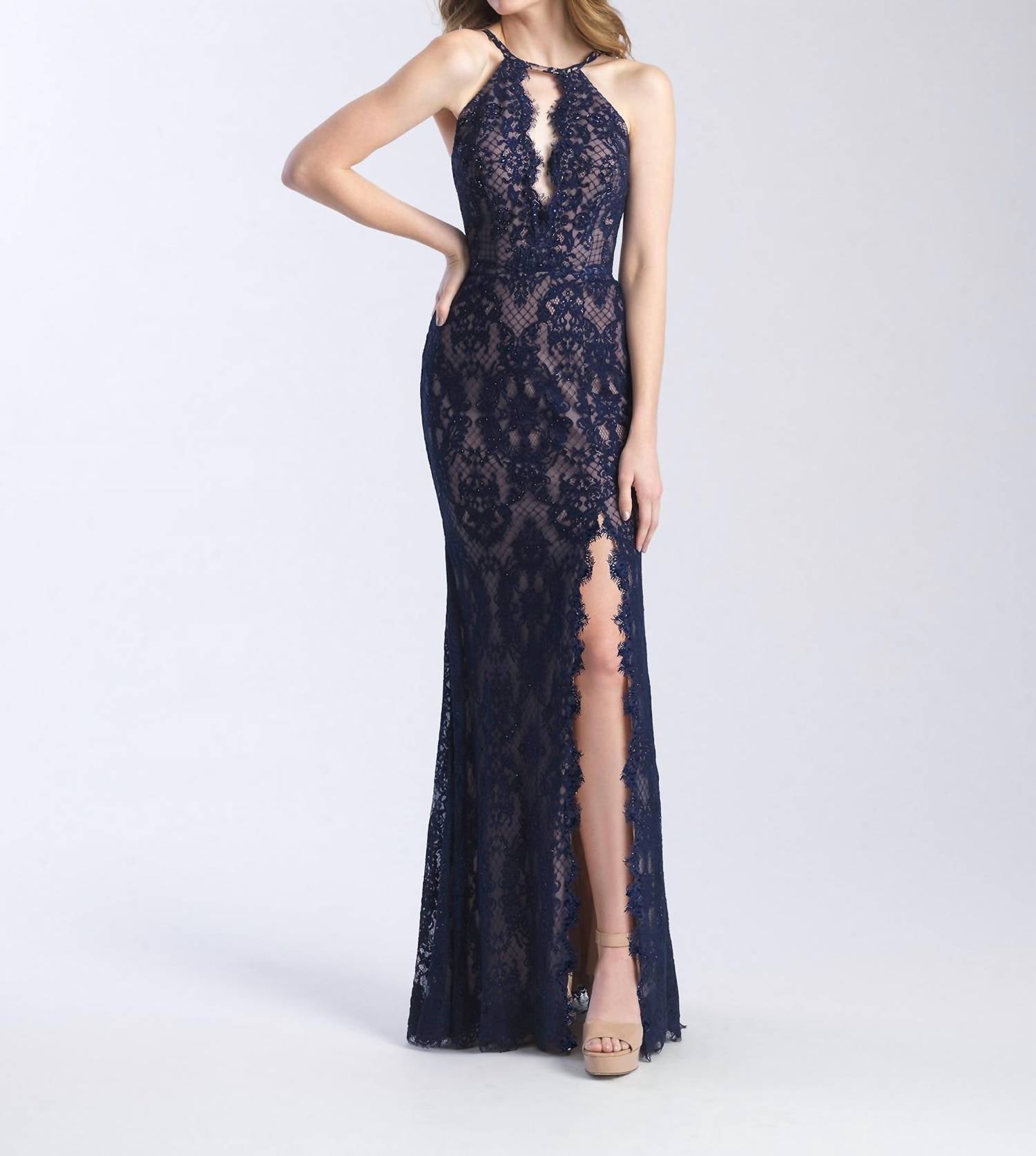 Madison James - Lace Allover Slit Halter Prom Dress - blue - clothing - dresses